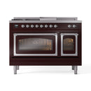 ILVE Nostalgie II Noblesse 48-Inch Propane Gas Dual Fuel Range with 5 Burners, Griddle, & French Top with Triple Glass Door Oven in Burgundy with Chrome Trim (UN48FSNMPBUCLP)