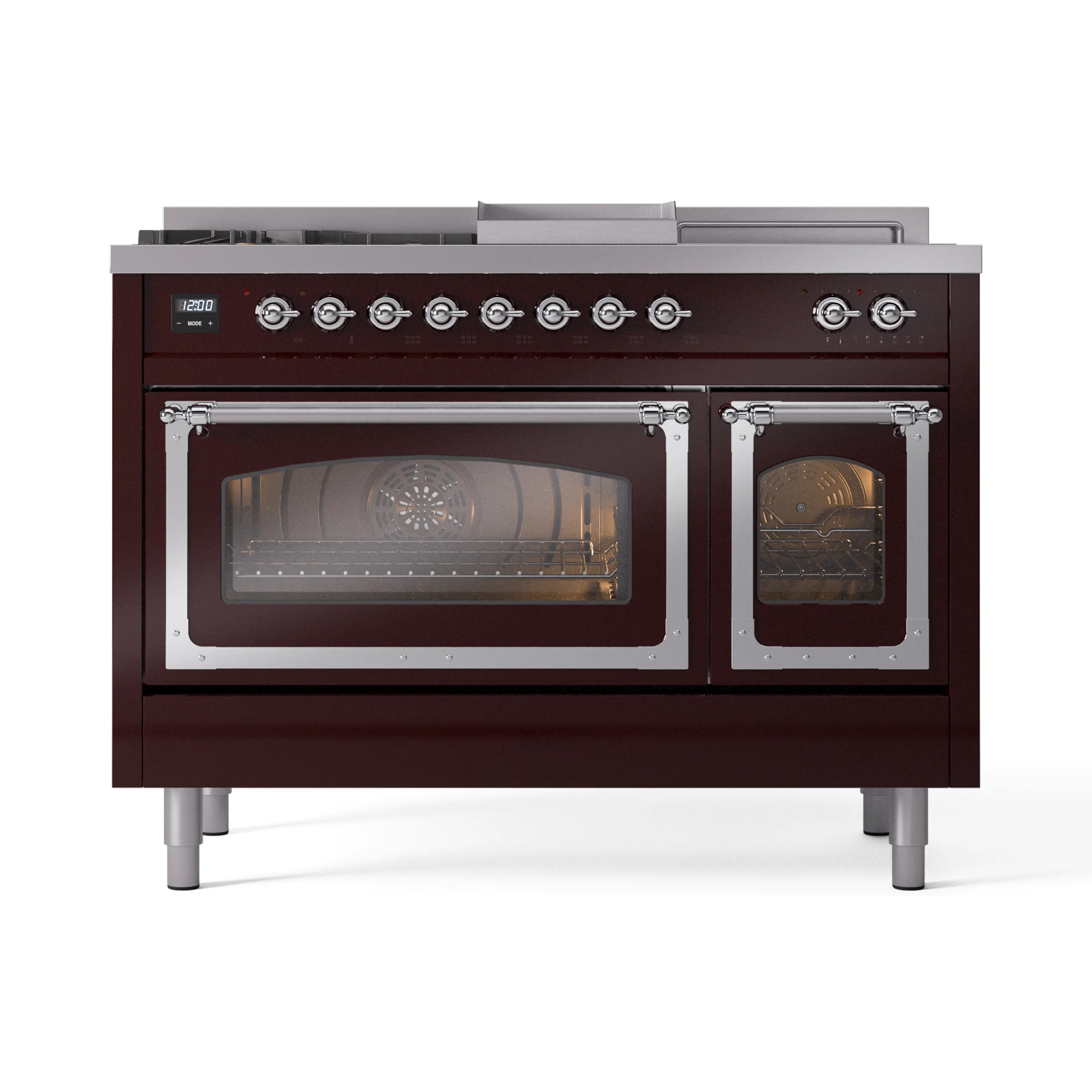 Burgundy dual-fuel range front with chrome control knobs and two glass oven doors.