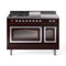 ILVE Nostalgie II Noblesse 48-Inch Dual Fuel Range with 5 Burners, Griddle, & French Top with Triple Glass Door Oven in Burgundy with Chrome Trim (UN48FSNMPBUC)