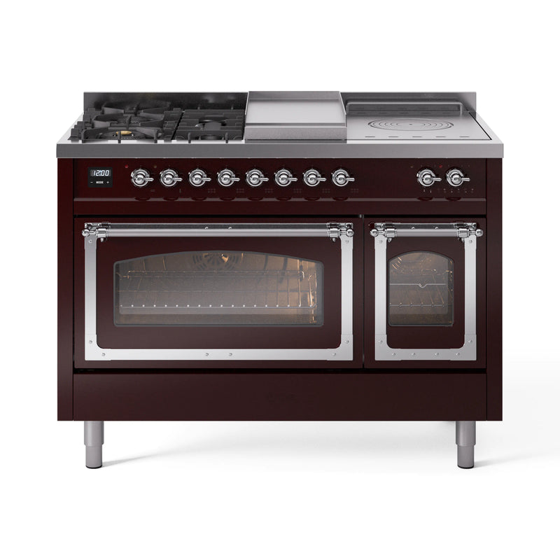 ILVE Nostalgie II Noblesse 48-Inch Dual Fuel Range with 5 Burners, Griddle, & French Top with Triple Glass Door Oven in Burgundy with Chrome Trim (UN48FSNMPBUC)
