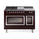 ILVE Nostalgie II Noblesse 48-Inch Natural Gas Dual Fuel Range with 5 Burners, Griddle, & French Top with Triple Glass Door Oven in Burgundy with Chrome Trim (UN48FSNMPBUC)