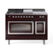ILVE Nostalgie II Noblesse 48-Inch Natural Gas Dual Fuel Range with 5 Burners, Griddle, & French Top with Triple Glass Door Oven in Burgundy with Chrome Trim (UN48FSNMPBUC)