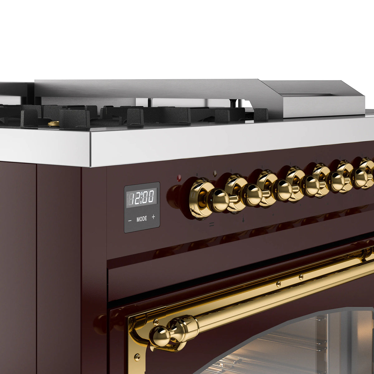 Burgundy range control panel with digital display and brass burner knobs