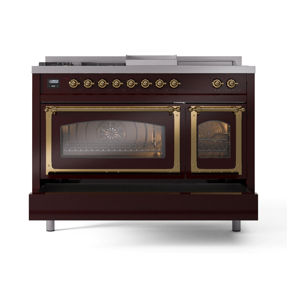 Burgundy gas range with brass trim, both oven doors closed with glass windows