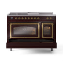 ILVE Nostalgie II Noblesse 48-Inch Propane Gas Dual Fuel Range with 5 Burners, Griddle, & French Top with Triple Glass Door Oven in Burgundy with Brass Trim (UN48FSNMPBUGLP)