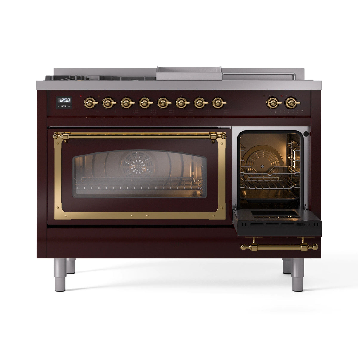 Burgundy gas range with brass trim, left oven open and right oven door closed