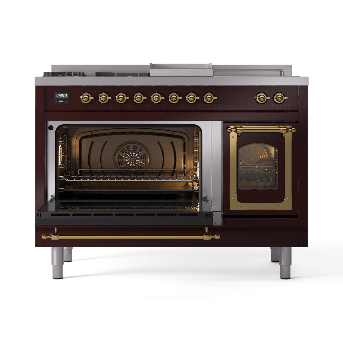 Burgundy dual fuel range with both oven doors open, interior racks visible