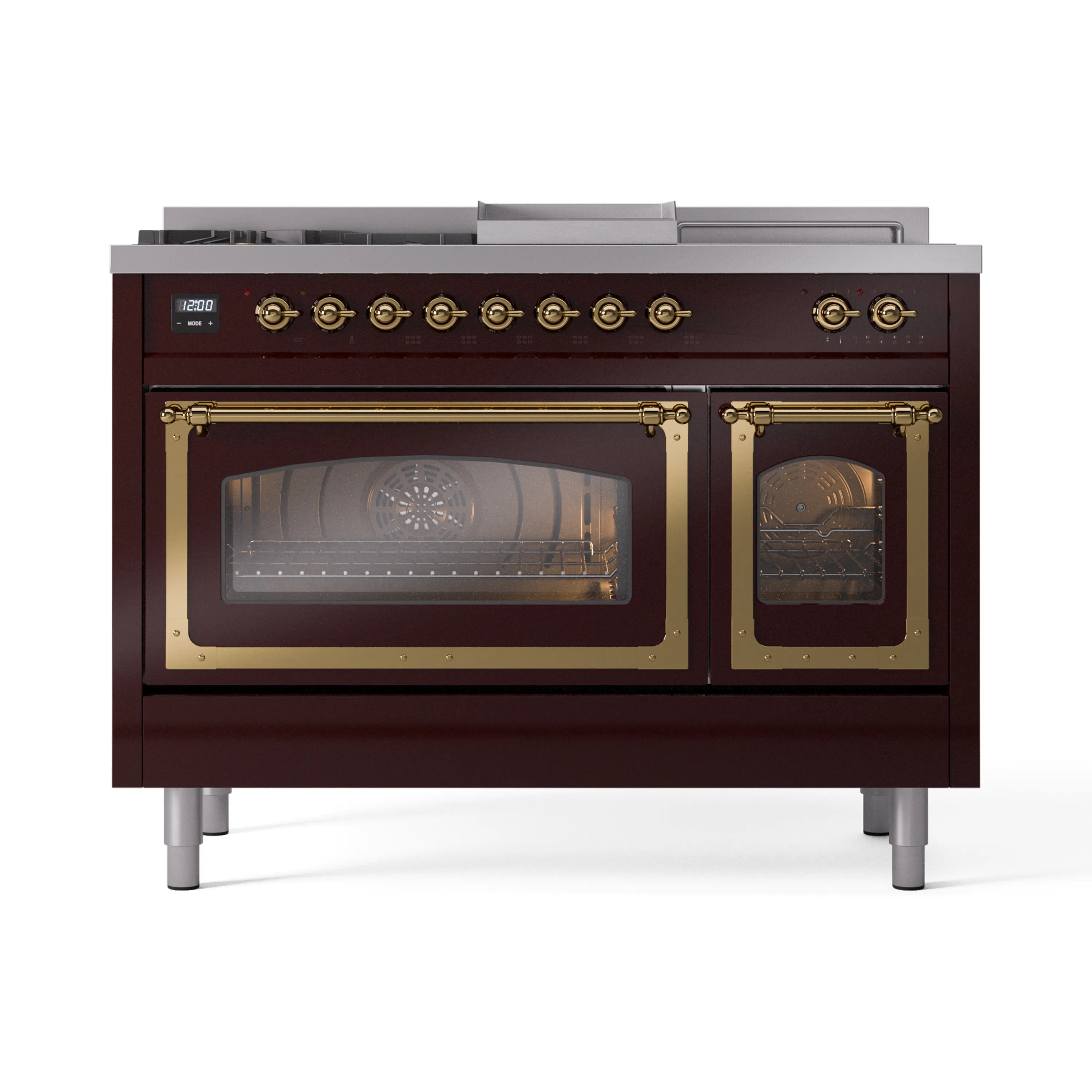 Burgundy dual fuel range front view with brass knobs and triple glass door oven