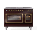 ILVE Nostalgie II Noblesse 48-Inch Natural Gas Dual Fuel Range with 5 Burners, Griddle, & French Top with Triple Glass Door Oven in Burgundy with Brass Trim (UN48FSNMPBUG)