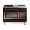 ILVE Nostalgie II Noblesse 48-Inch Natural Gas Dual Fuel Range with 5 Burners, Griddle, & French Top with Triple Glass Door Oven in Burgundy with Brass Trim (UN48FSNMPBUG)
