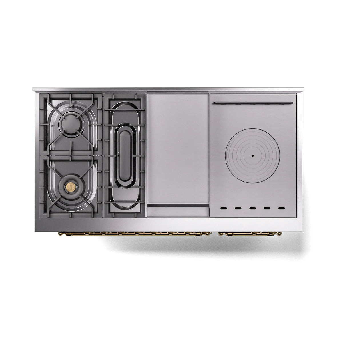 Burgundy gas range side view with exposed burner components and round cooktop