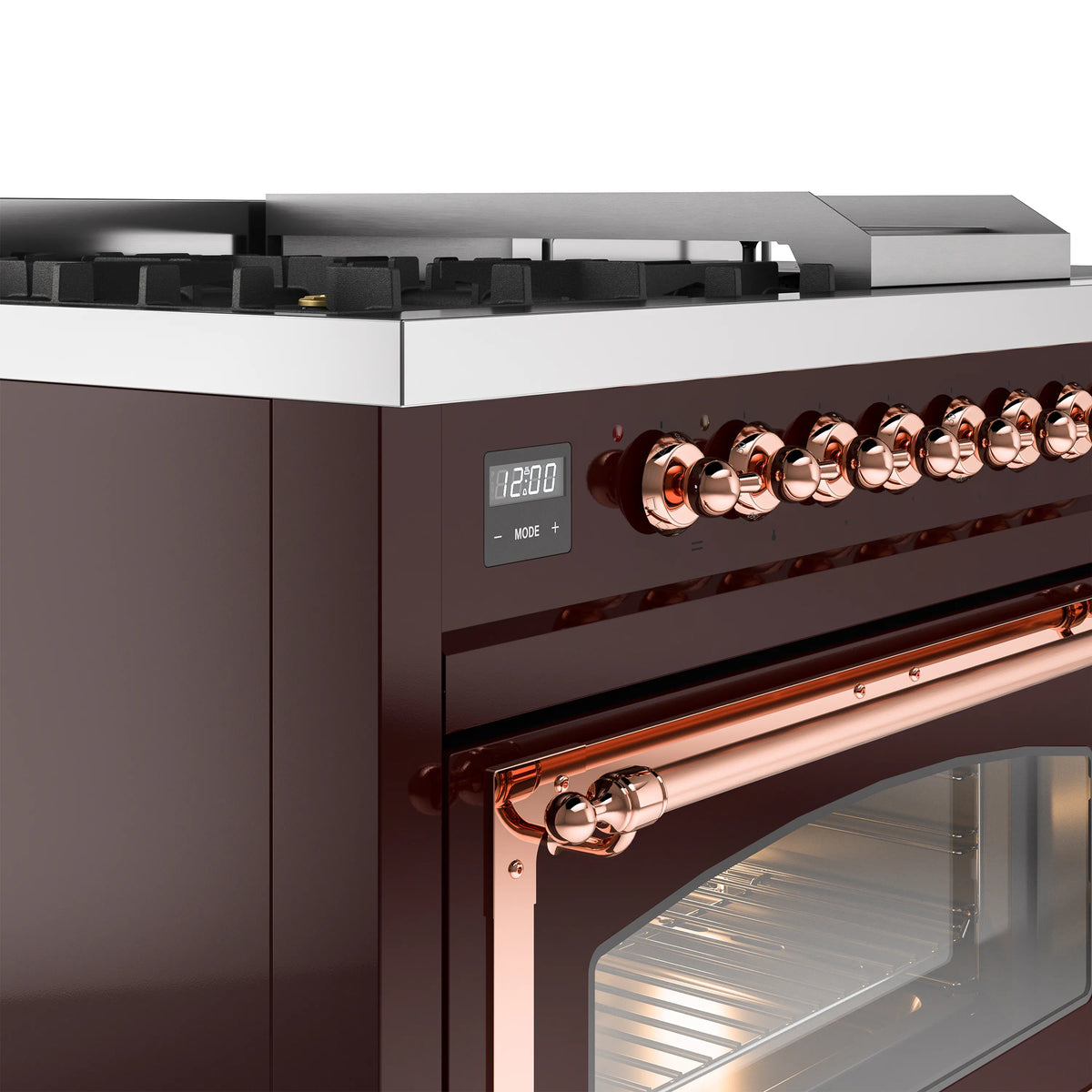 Copper-trimmed control panel with burner knobs on burgundy dual-fuel range