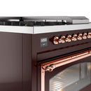 ILVE Nostalgie II Noblesse 48-Inch Natural Gas Dual Fuel Range with 5 Burners, Griddle, & French Top with Triple Glass Door Oven in Burgundy with Copper Trim (UN48FSNMPBUP)
