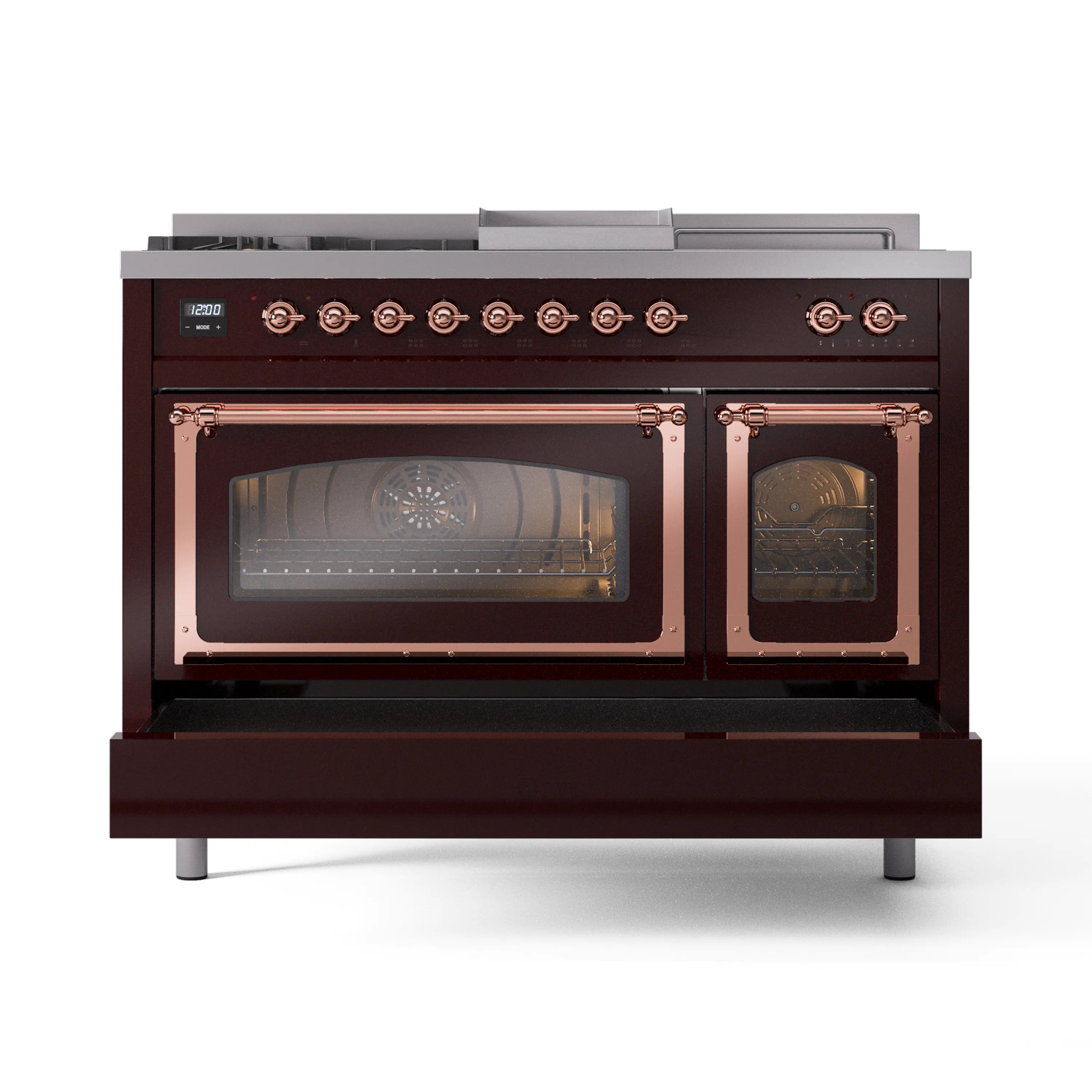 Burgundy dual-fuel range with copper trim, two glass oven doors, and burner controls