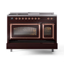 ILVE Nostalgie II Noblesse 48-Inch Natural Gas Dual Fuel Range with 5 Burners, Griddle, & French Top with Triple Glass Door Oven in Burgundy with Copper Trim (UN48FSNMPBUP)