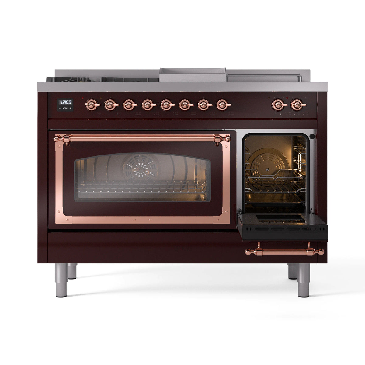 Burgundy dual-fuel range with left glass oven door and right oven door open