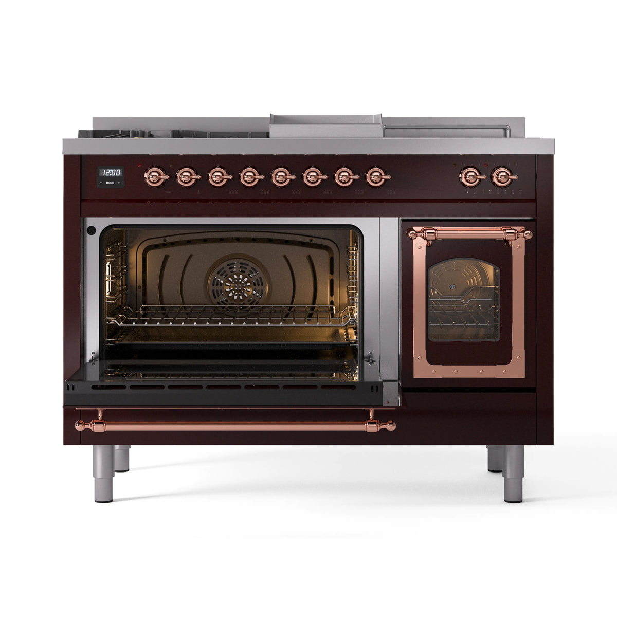 Burgundy dual-fuel range with both ovens open, copper interior trim and controls