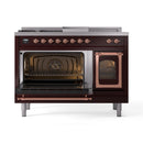 ILVE Nostalgie II Noblesse 48-Inch Natural Gas Dual Fuel Range with 5 Burners, Griddle, & French Top with Triple Glass Door Oven in Burgundy with Copper Trim (UN48FSNMPBUP)