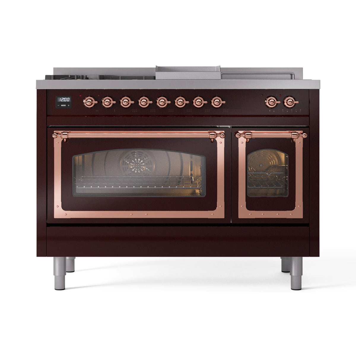Burgundy dual-fuel gas range with closed dual glass doors, French top, and copper trim