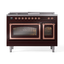 ILVE Nostalgie II Noblesse 48-Inch Natural Gas Dual Fuel Range with 5 Burners, Griddle, & French Top with Triple Glass Door Oven in Burgundy with Copper Trim (UN48FSNMPBUP)