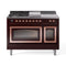 ILVE Nostalgie II Noblesse 48-Inch Dual Fuel Range with 5 Burners, Griddle, & French Top with Triple Glass Door Oven in Burgundy with Copper Trim (UN48FSNMPBUP)
