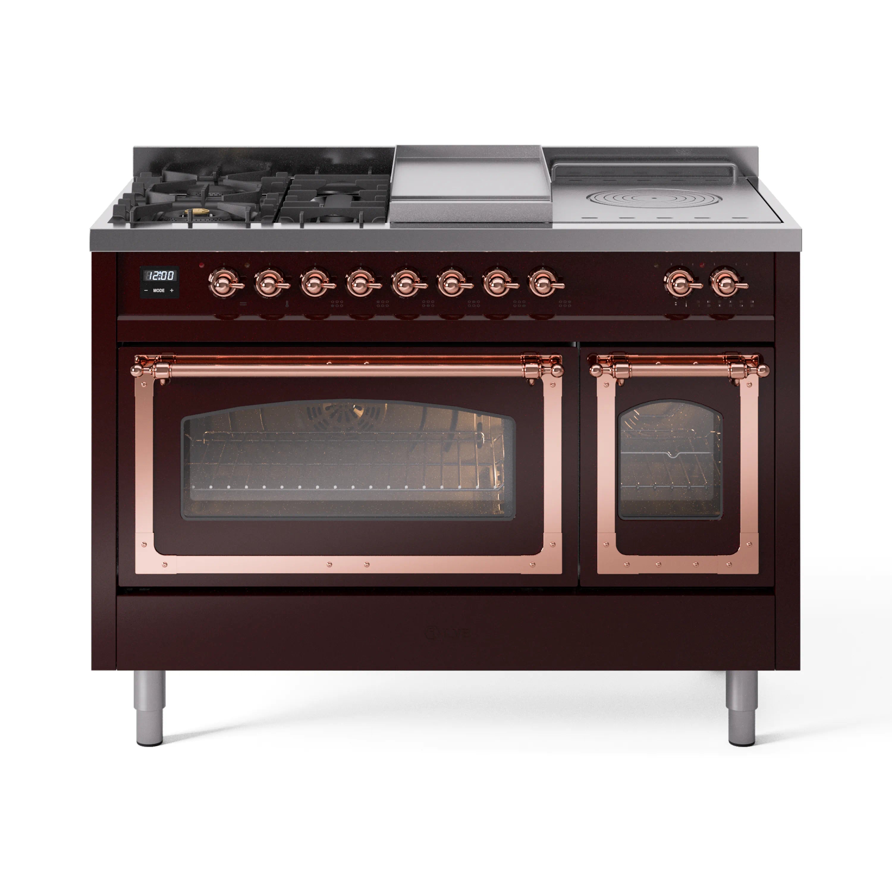 Burgundy dual-fuel range with copper trim, glass ovens, and burner control knobs