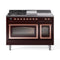 ILVE Nostalgie II Noblesse 48-Inch Natural Gas Dual Fuel Range with 5 Burners, Griddle, & French Top with Triple Glass Door Oven in Burgundy with Copper Trim (UN48FSNMPBUP)