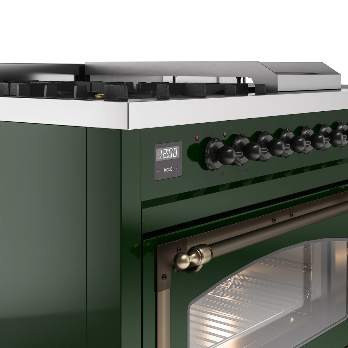Emerald green range front panel with digital clock display and bronze knob controls