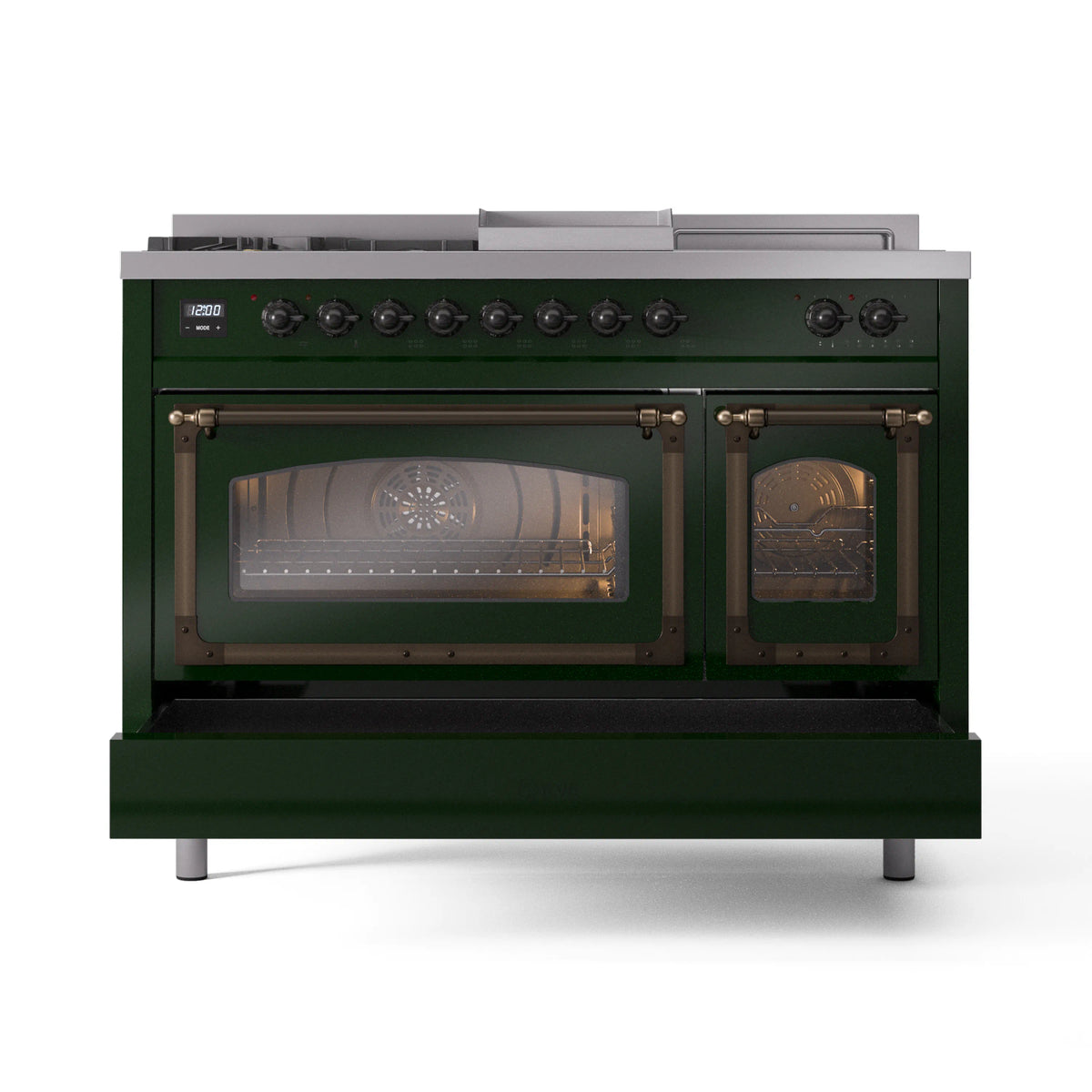 Emerald green dual fuel range with bronze trim, glass oven doors and burner control knobs
