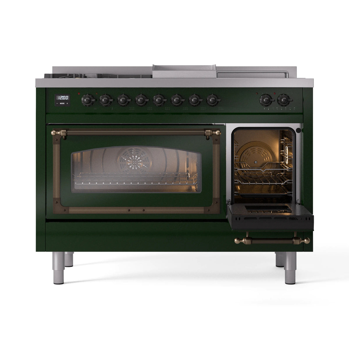 Emerald green dual-fuel range with open oven door showing interior racks