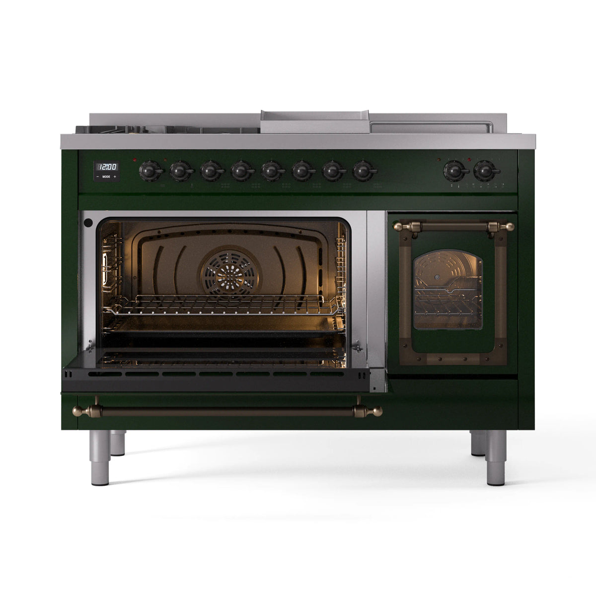 Emerald green range with both oven doors open, showing fan and rack layout