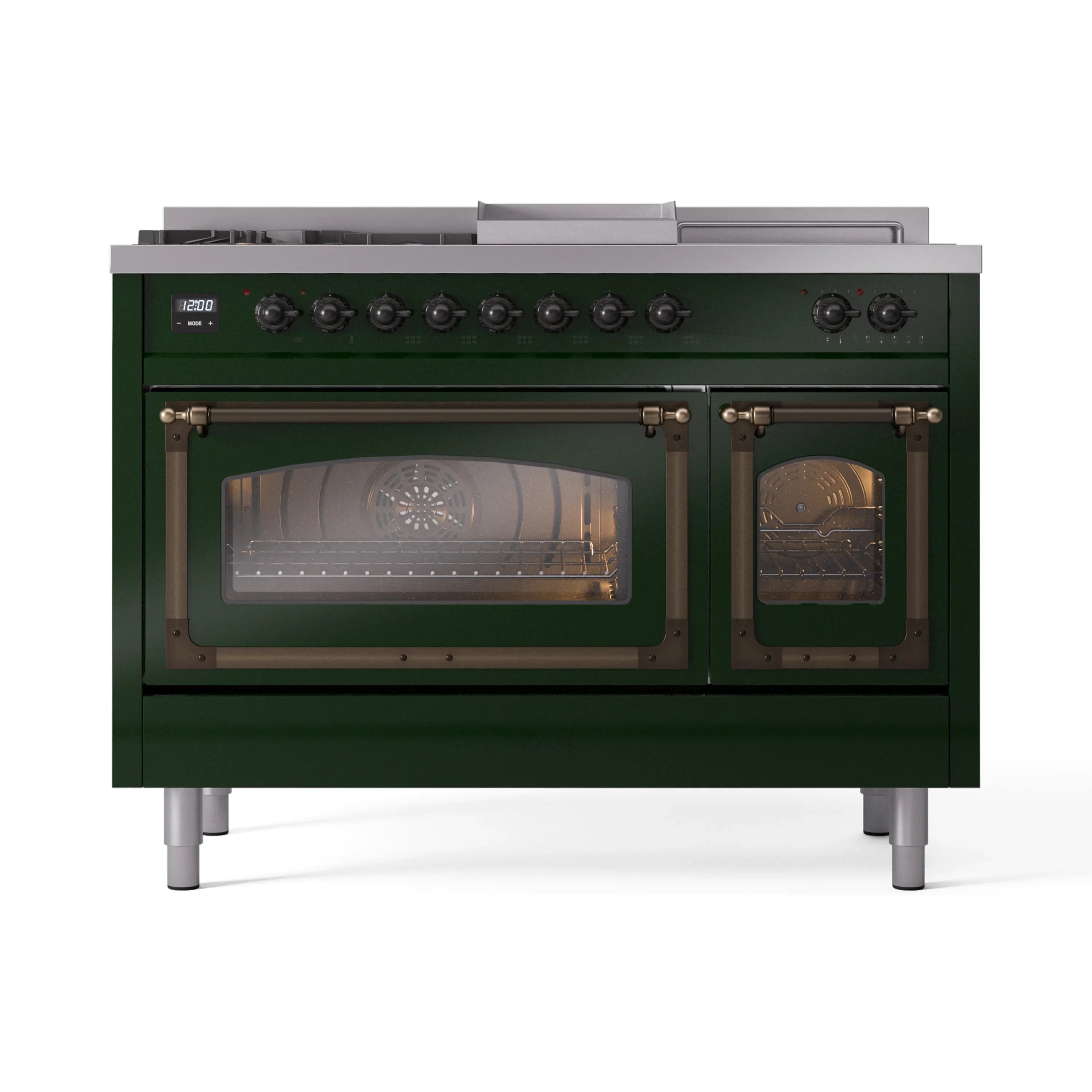 Emerald green dual fuel range with bronze trim, control knobs, and two oven windows
