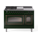 ILVE Nostalgie II Noblesse 48-Inch Natural Gas Dual Fuel Range with 5 Burners, Griddle, & French Top with Triple Glass Door Oven in Emerald Green with Bronze Trim (UN48FSNMPEGB)