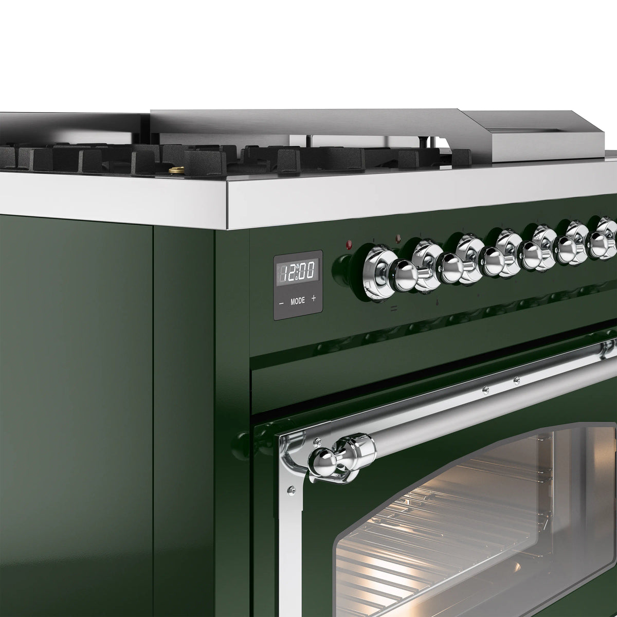 Emerald green range control knobs with digital display and chrome oven door handle
