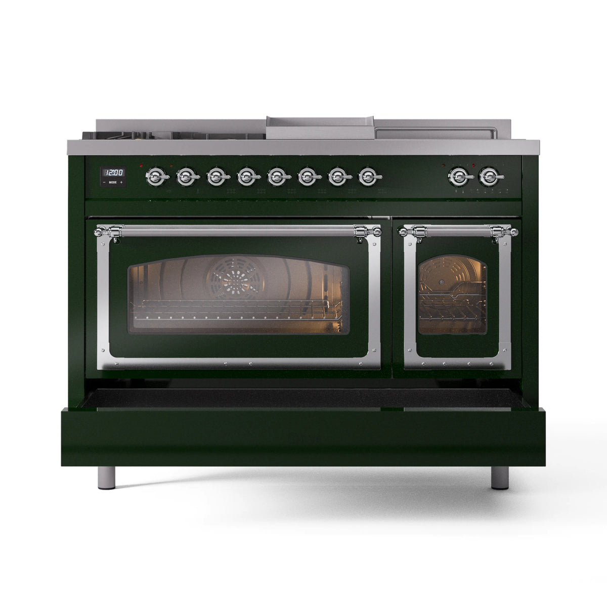 Emerald green range with two glass oven doors closed and chrome latches