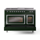 ILVE Nostalgie II Noblesse 48-Inch Propane Gas Dual Fuel Range with 5 Burners, Griddle, & French Top with Triple Glass Door Oven in Emerald Green with Chrome Trim (UN48FSNMPEGCLP)