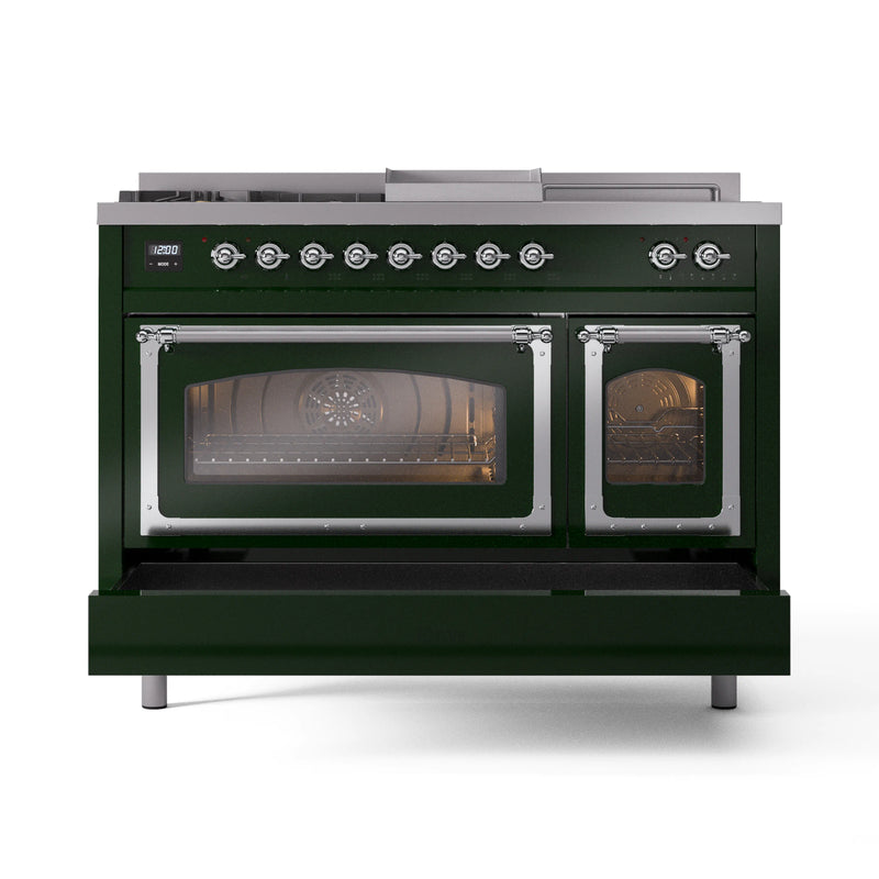 ILVE Nostalgie II Noblesse 48-Inch Dual Fuel Range with 5 Burners, Griddle, & French Top with Triple Glass Door Oven in Emerald Green with Chrome Trim (UN48FSNMPEGC)