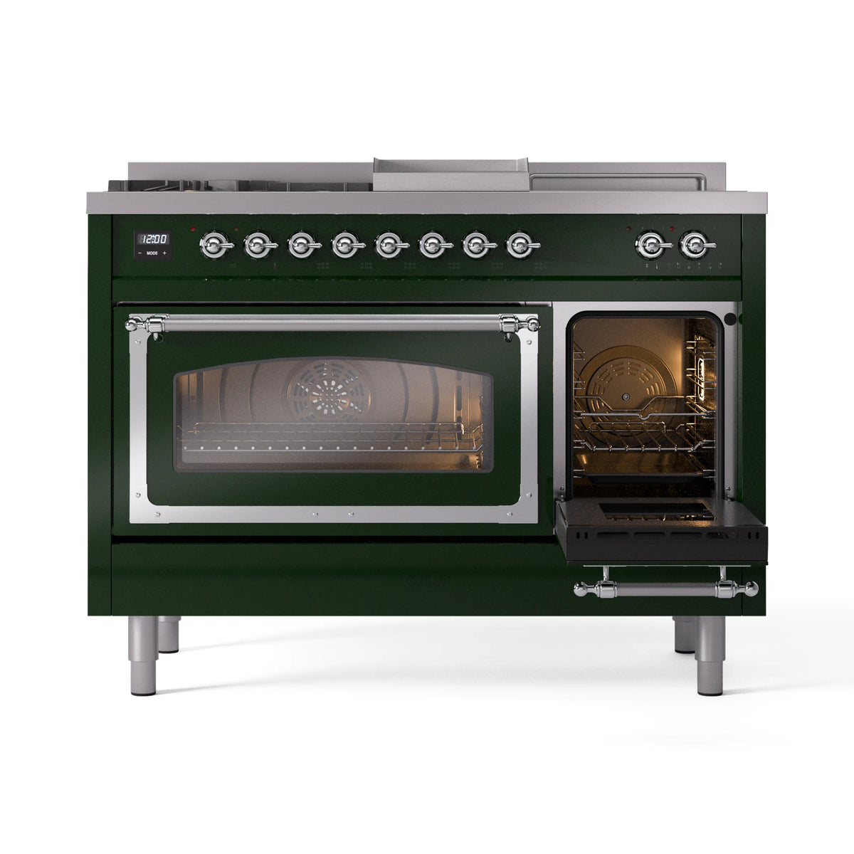Emerald green dual-fuel range with chrome-trimmed control panel and glass oven door