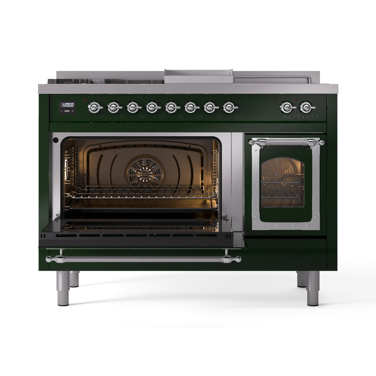 Emerald green gas range with both oven doors open, showing interior racks and burner grates
