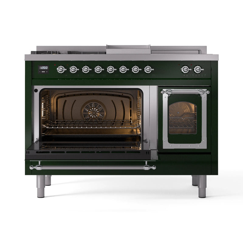 ILVE Nostalgie II Noblesse 48-Inch Dual Fuel Range with 5 Burners, Griddle, & French Top with Triple Glass Door Oven in Emerald Green with Chrome Trim (UN48FSNMPEGC)