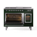 ILVE Nostalgie II Noblesse 48-Inch Natural Gas Dual Fuel Range with 5 Burners, Griddle, & French Top with Triple Glass Door Oven in Emerald Green with Chrome Trim (UN48FSNMPEGC)