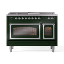 ILVE Nostalgie II Noblesse 48-Inch Natural Gas Dual Fuel Range with 5 Burners, Griddle, & French Top with Triple Glass Door Oven in Emerald Green with Chrome Trim (UN48FSNMPEGC)