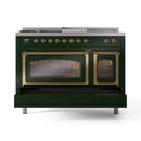 ILVE Nostalgie II Noblesse 48-Inch Natural Gas Dual Fuel Range with 5 Burners, Griddle, & French Top with Triple Glass Door Oven in Emerald Green with Brass Trim (UN48FSNMPEGG)