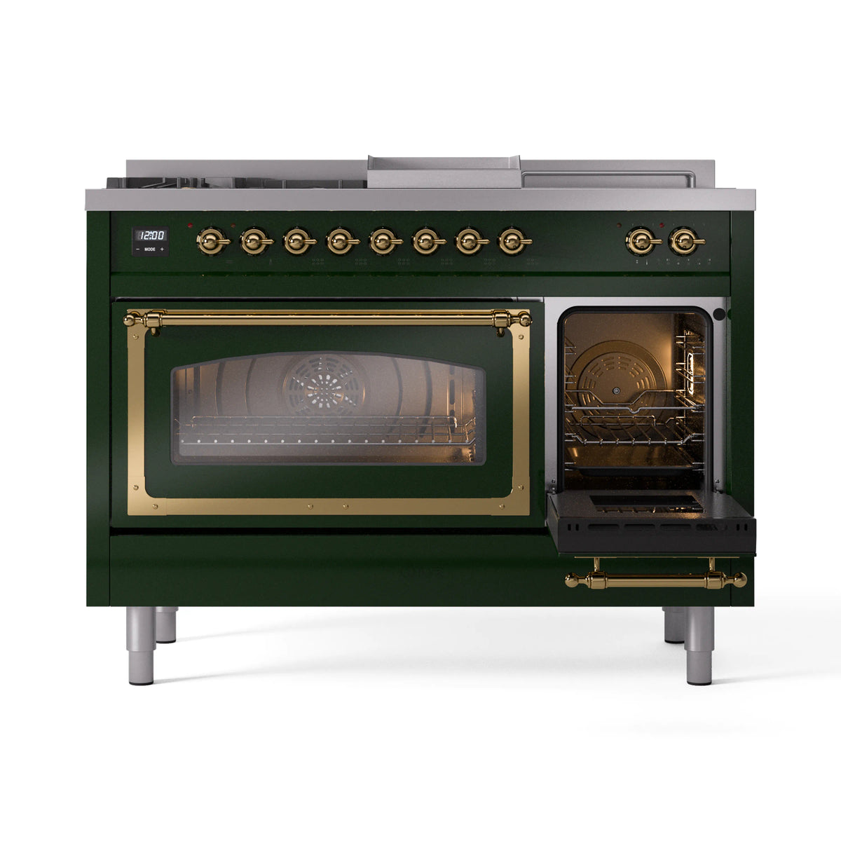Emerald green dual fuel range with one open oven door and visible baking interior