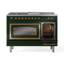 ILVE Nostalgie II Noblesse 48-Inch Natural Gas Dual Fuel Range with 5 Burners, Griddle, & French Top with Triple Glass Door Oven in Emerald Green with Brass Trim (UN48FSNMPEGG)