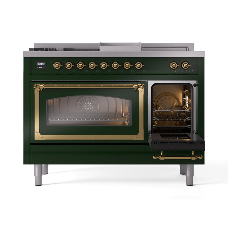 ILVE Nostalgie II Noblesse 48-Inch Dual Fuel Range with 5 Burners, Griddle, & French Top with Triple Glass Door Oven in Emerald Green with Brass Trim (UN48FSNMPEGG)