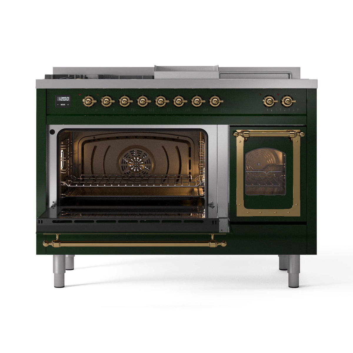 Emerald green dual fuel range with both ovens open, showing racks and interior