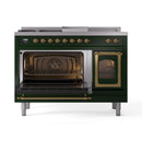 ILVE Nostalgie II Noblesse 48-Inch Natural Gas Dual Fuel Range with 5 Burners, Griddle, & French Top with Triple Glass Door Oven in Emerald Green with Brass Trim (UN48FSNMPEGG)