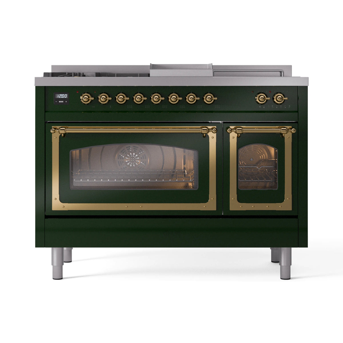 Emerald green dual fuel range with two closed glass oven doors and brass handles
