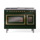ILVE Nostalgie II Noblesse 48-Inch Natural Gas Dual Fuel Range with 5 Burners, Griddle, & French Top with Triple Glass Door Oven in Emerald Green with Brass Trim (UN48FSNMPEGG)